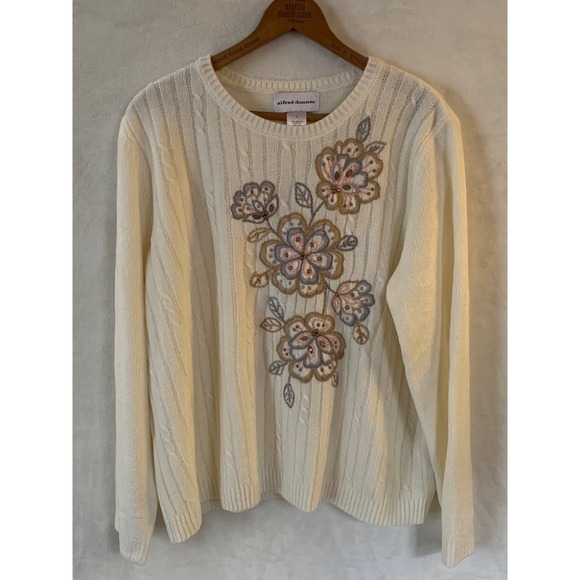 Alfred Dunner Sweaters - Alfred‎ Dunner Cream Floral Embroidered Cable Knit Sweater Womens Large Beaded